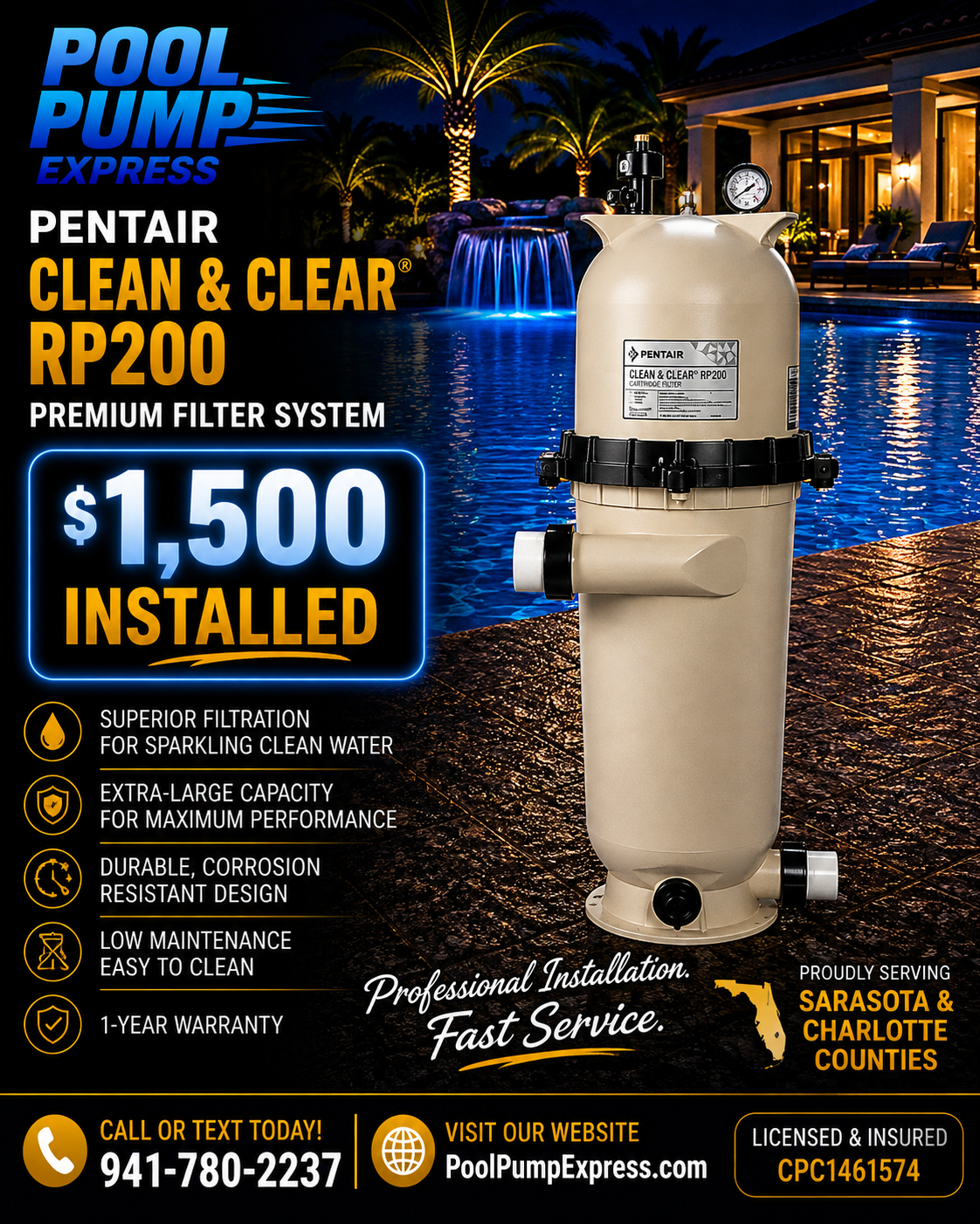Pentair Clean & Clear RP200 Premium Filter System — $1,500 Installed