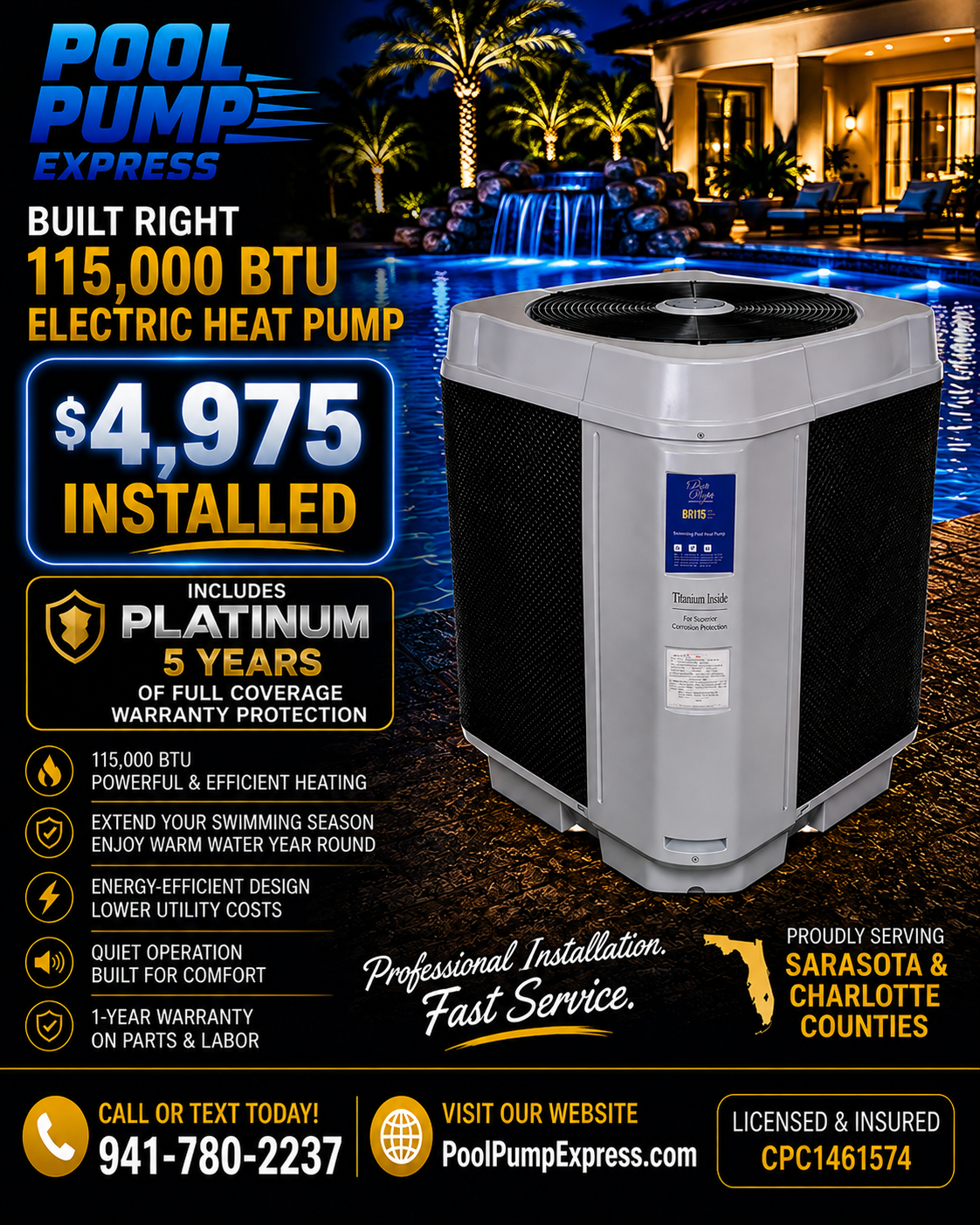 Built Right 115,000 BTU Electric Heat Pump — $4,975 Installed — Platinum 5-Year Full Coverage Warranty