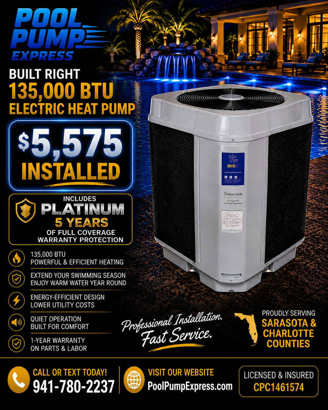Built Right 135,000 BTU Electric Heat Pump — $5,575 Installed — Platinum 5-Year Full Coverage Warranty